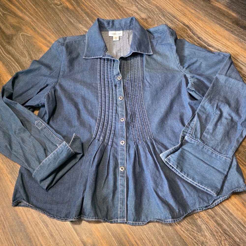 Coldwater Creek Blue Denim Pintuck Button Down Shirt Womens XL Long Sleeve Top